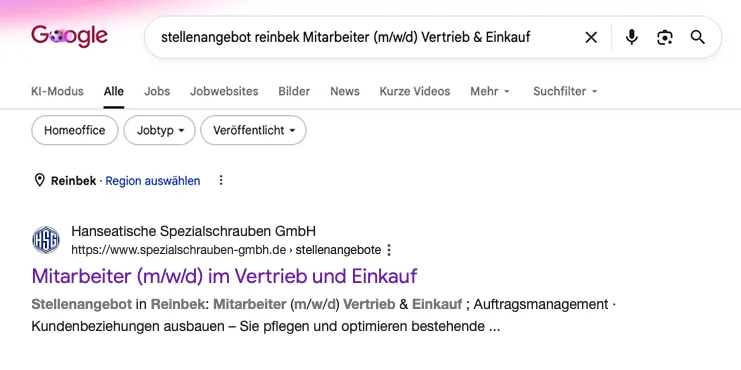 Google-Platzierung Platz 1 für HSG Stellenangebot Vertrieb und Einkauf