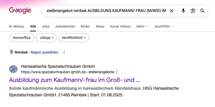 Google-Platzierung Platz 4 für HSG Ausbildungsangebot